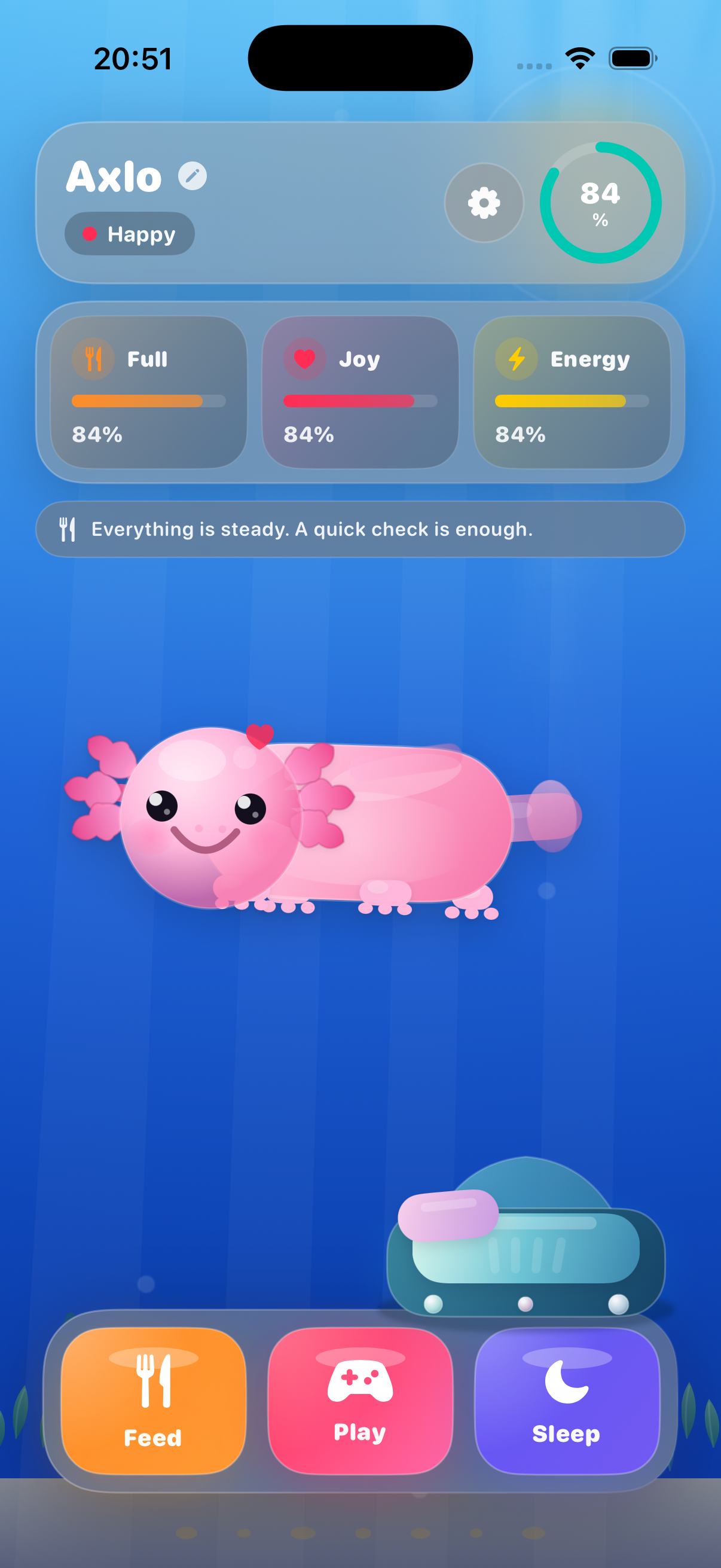 Axlo app screen showing the virtual axolotl aquarium, care stats, mood, and feed, play, and sleep controls.