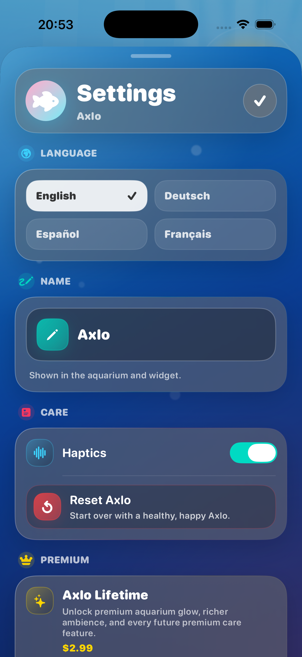 Axlo settings screen showing language selection, pet name, haptics, reset controls, and the optional lifetime upgrade.