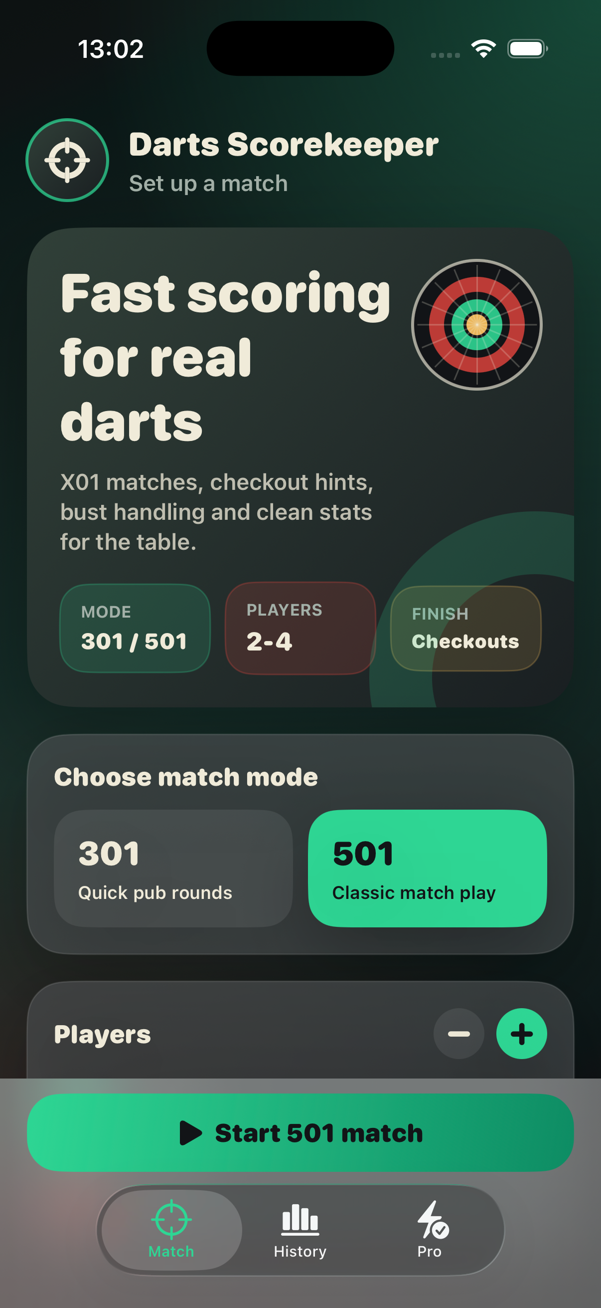 Darts Scorekeeper setup screen with 301 and 501 match options.