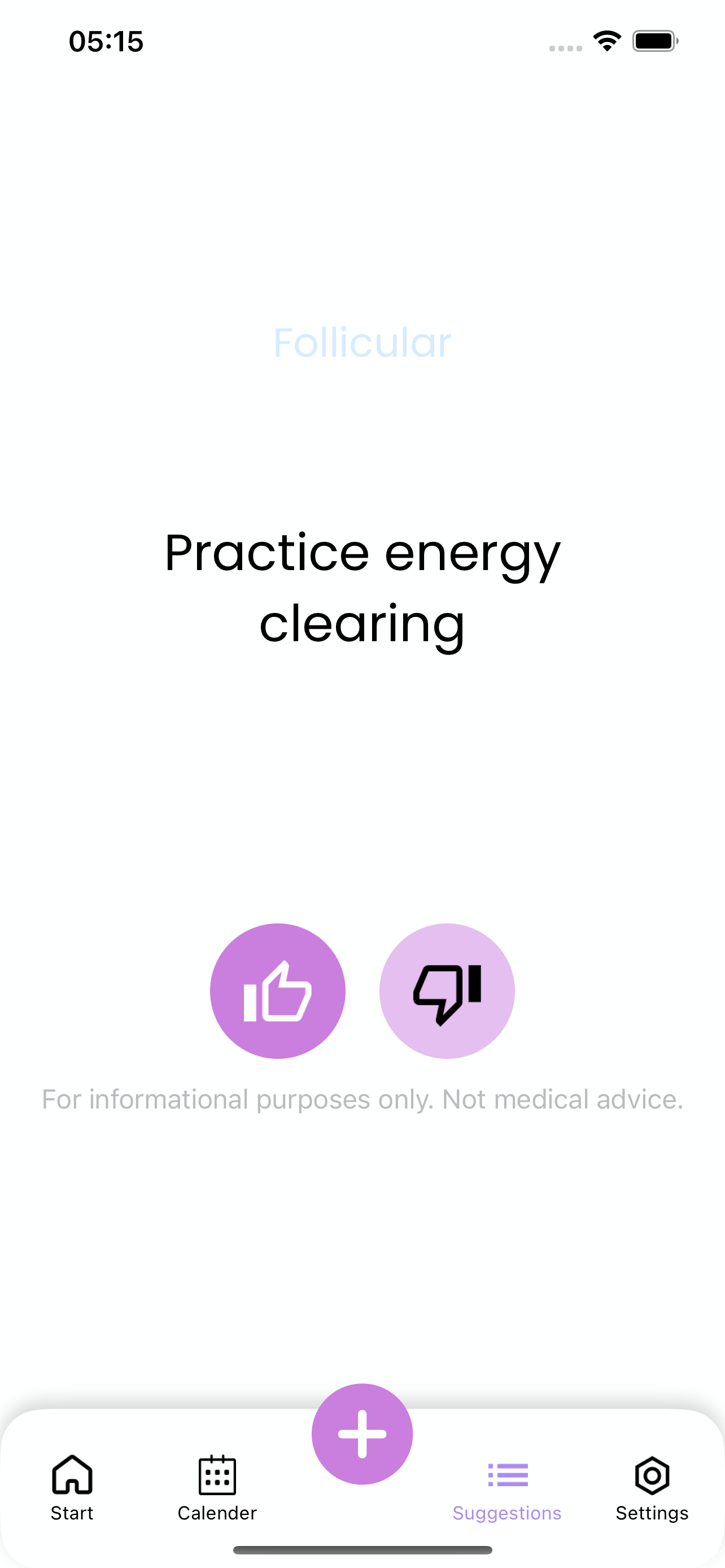 Flowa suggestion screen showing cycle-related self-care guidance.