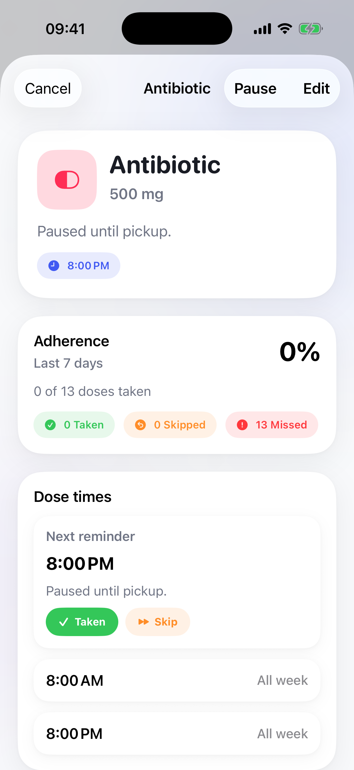 MediMemo medication detail screen showing dose schedule, supply tracking, pharmacy pickup details, and local history.