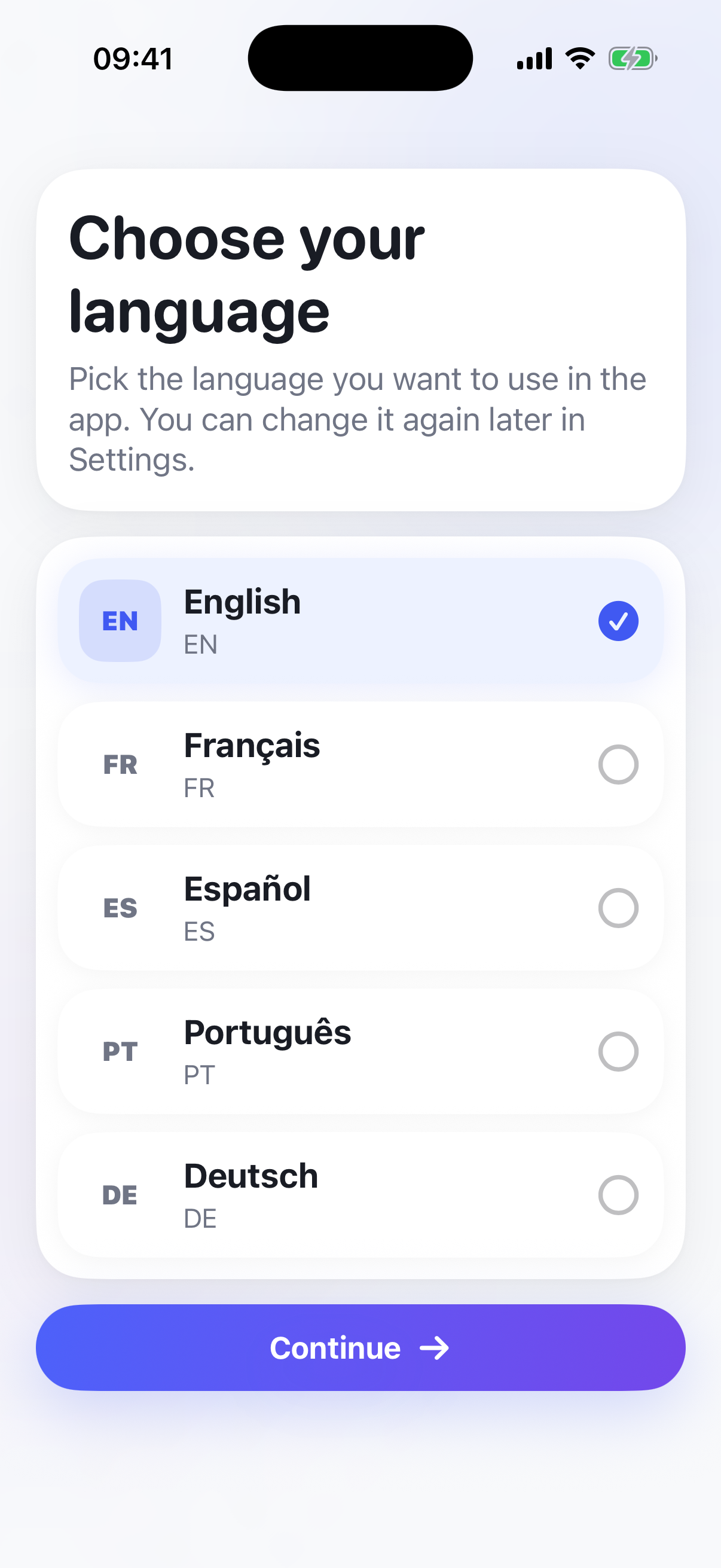 MediMemo language selection screen showing English, French, Spanish, Portuguese, and German options.