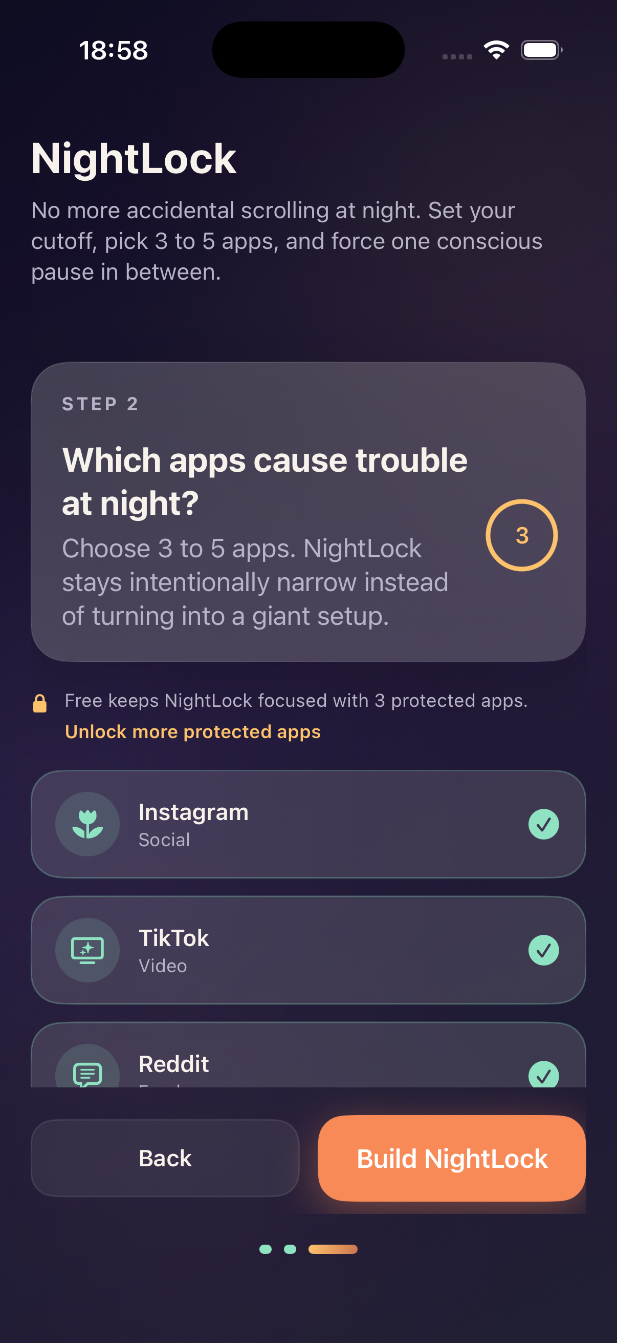 NightLock app selection screen for choosing trigger apps to protect during the bedtime window.