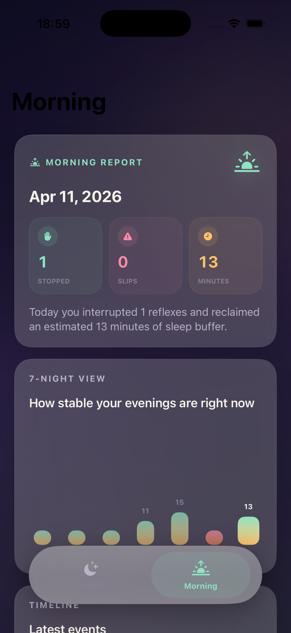 NightLock morning report screen showing stopped attempts, slips, and reclaimed minutes after bedtime.