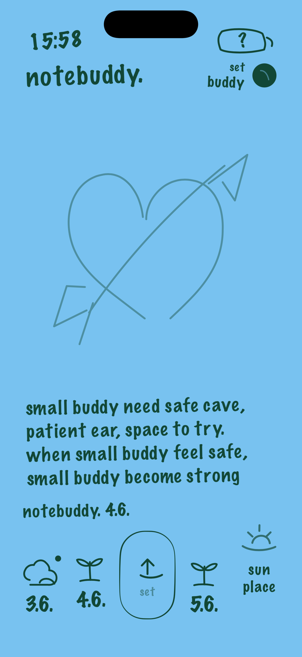 NoteBuddy composer screen showing a handwritten love note and drawing tools for a cute daily message.
