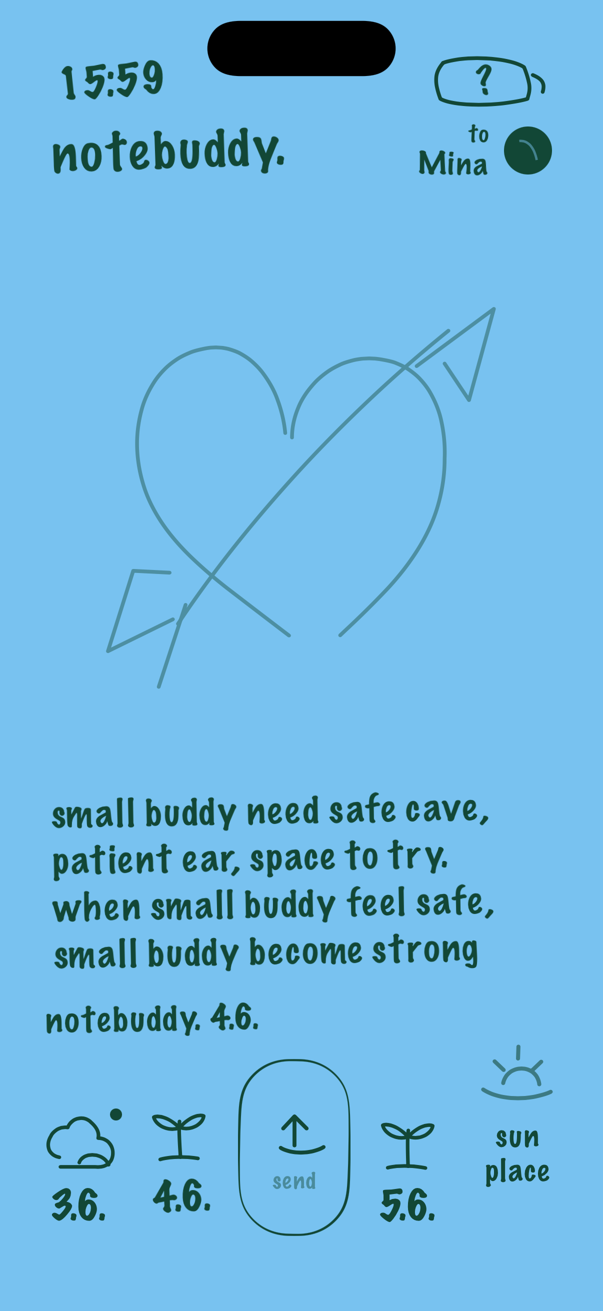 NoteBuddy send screen showing a handwritten note ready to send to a selected buddy.