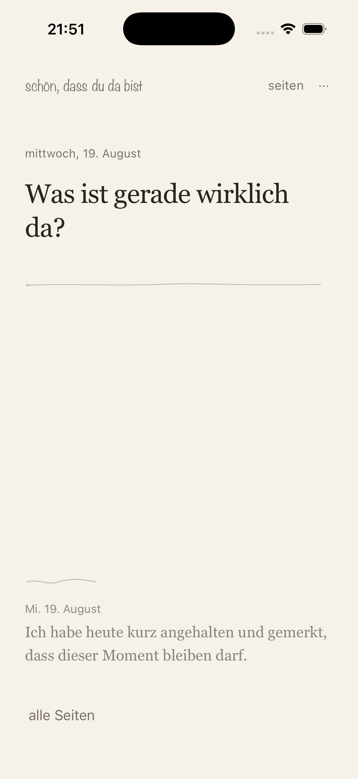 One Sentence Today screen showing a quiet prompt and a single writing line.