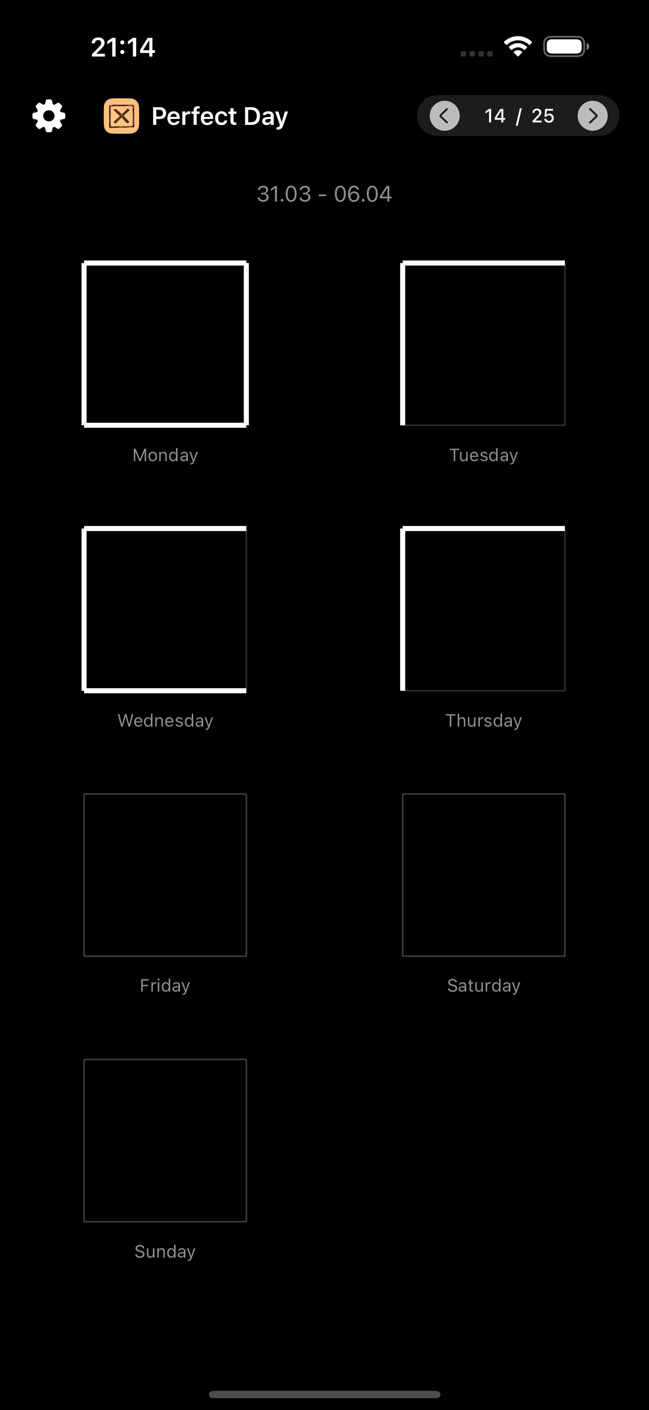 Perfect Day habit tracker using square check boxes for a weekly habit progress overview.