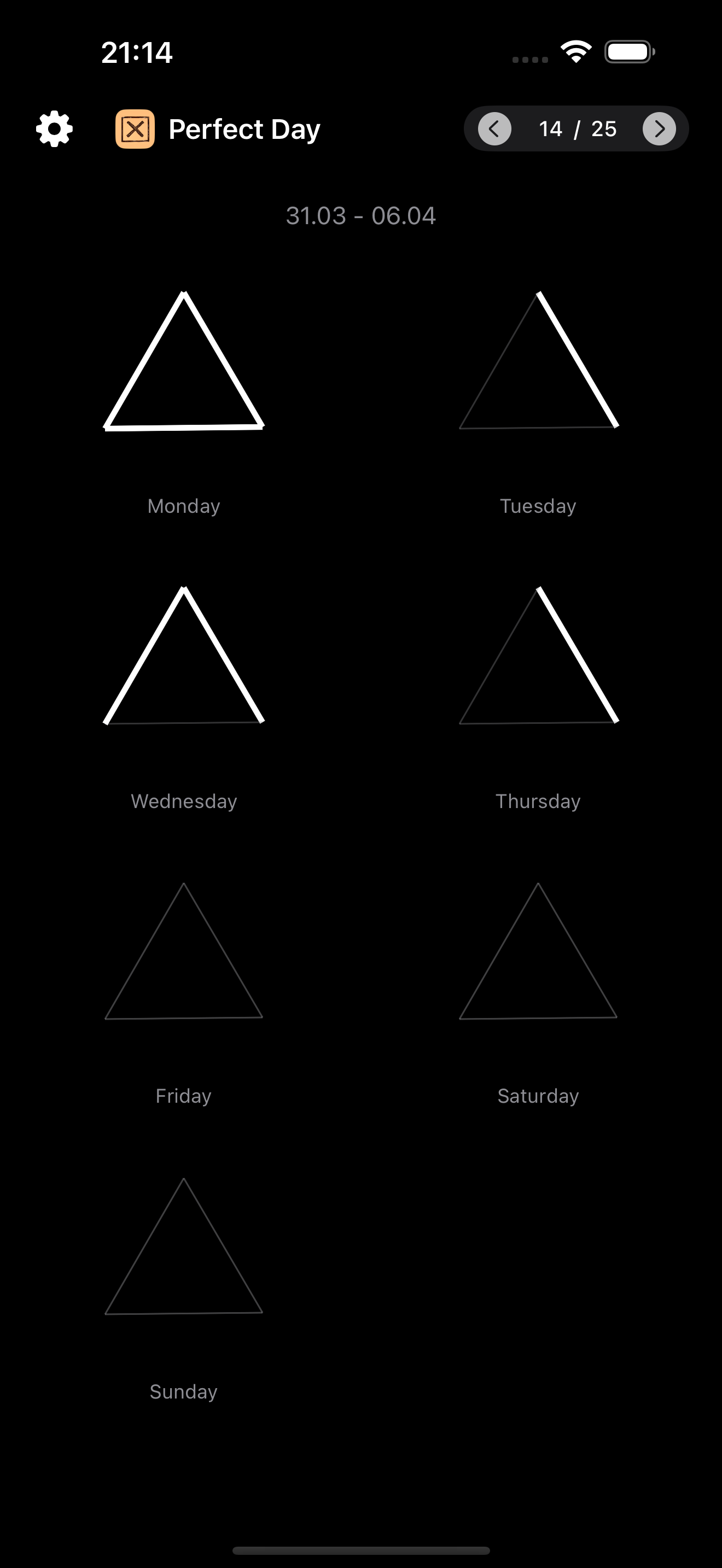 Perfect Day habit tracker using triangle check shapes for a weekly daily routine and streak view.