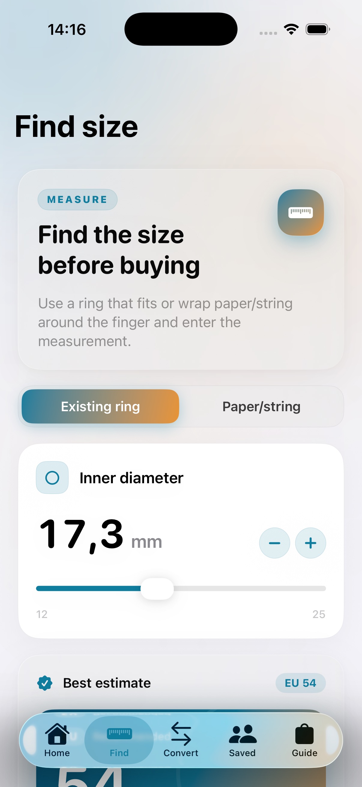 Ring Sizer find size screen for estimating ring size from an existing ring or paper and string measurement.