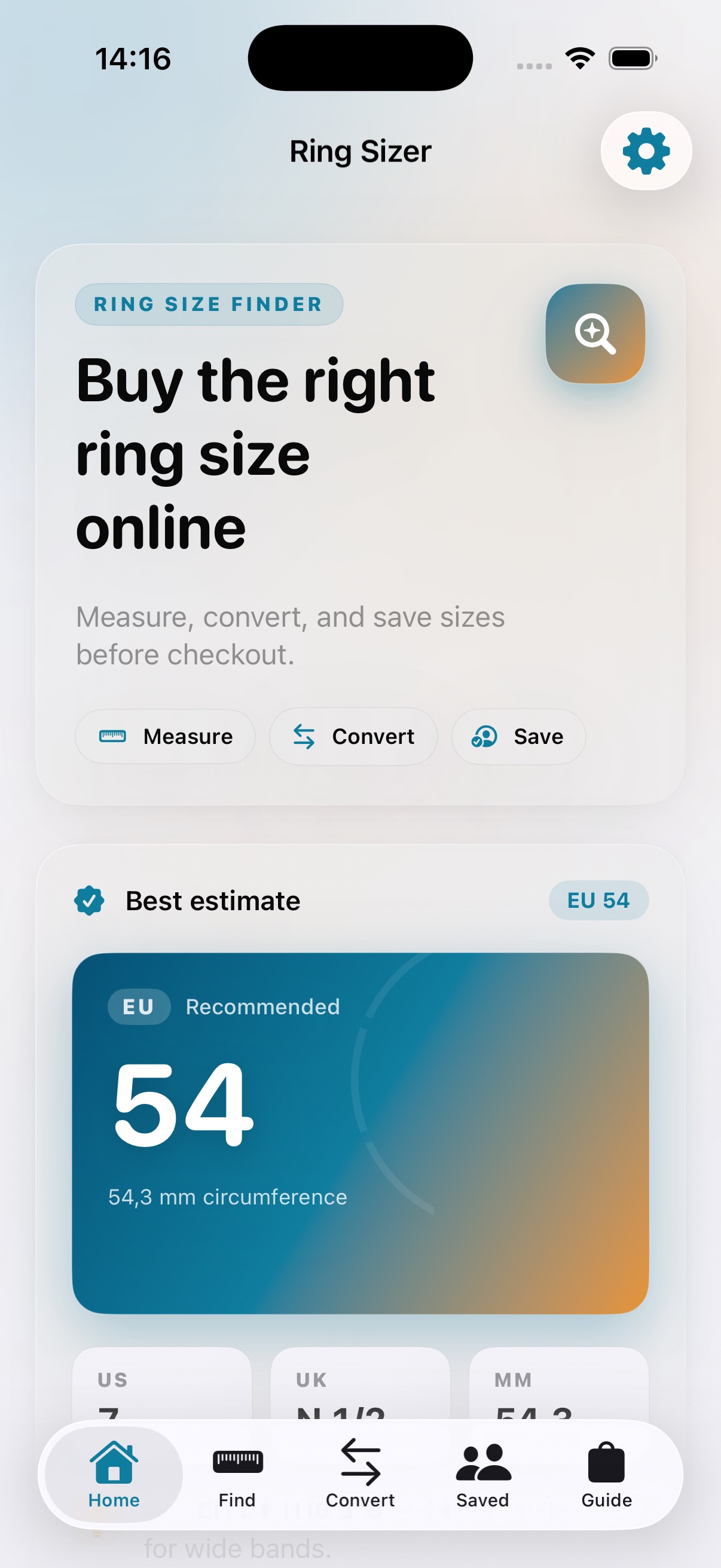 Ring Sizer home screen showing a best estimate, ring size finder shortcuts, and saved shopping actions.