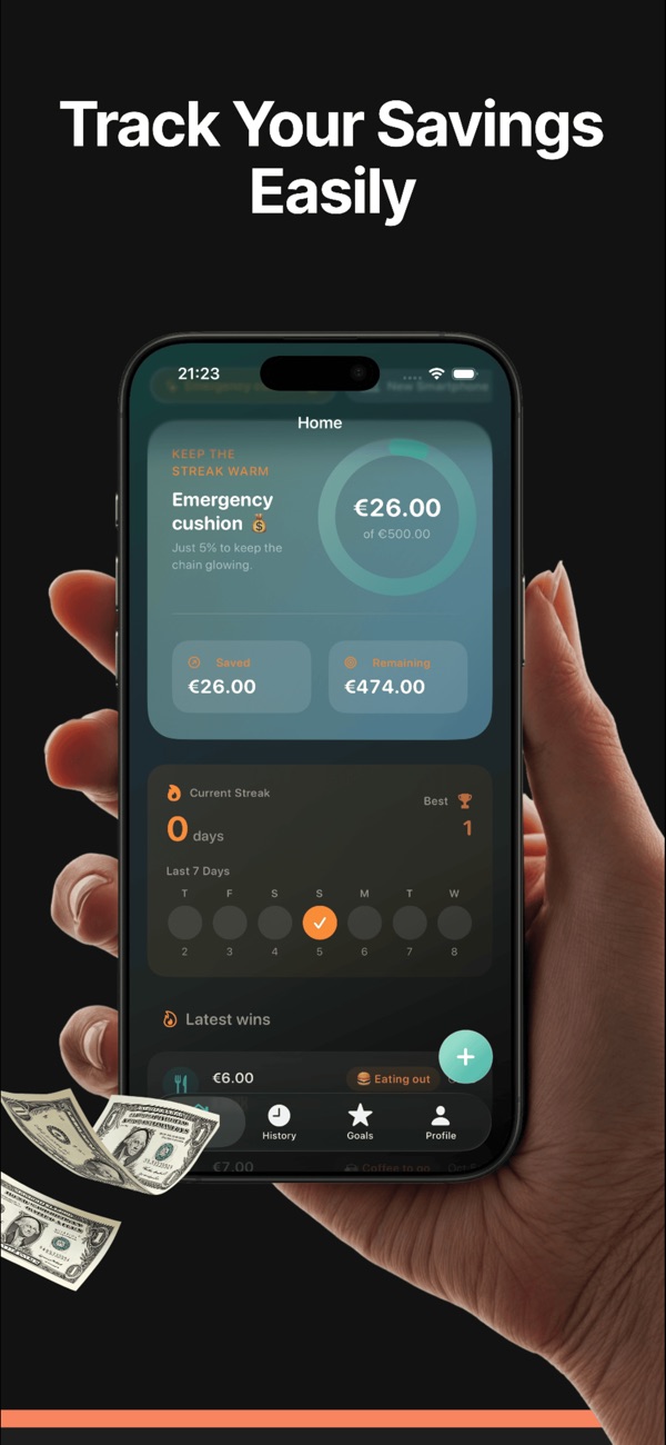 SaveTap goal setup screen showing a savings goal and progress-oriented money tracker workflow.